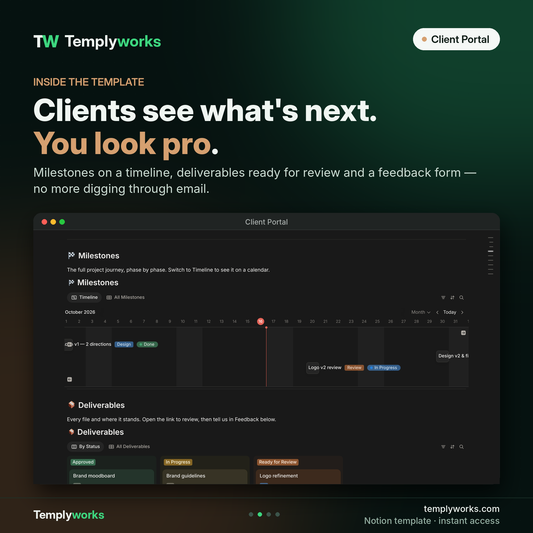 Inside Client Portal: milestones timeline and deliverables in Notion