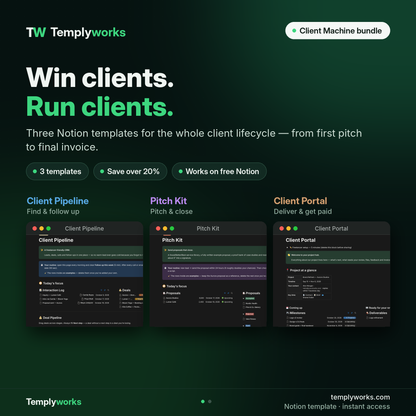 Client Machine Notion bundle: Client Pipeline, Pitch Kit and Client Portal