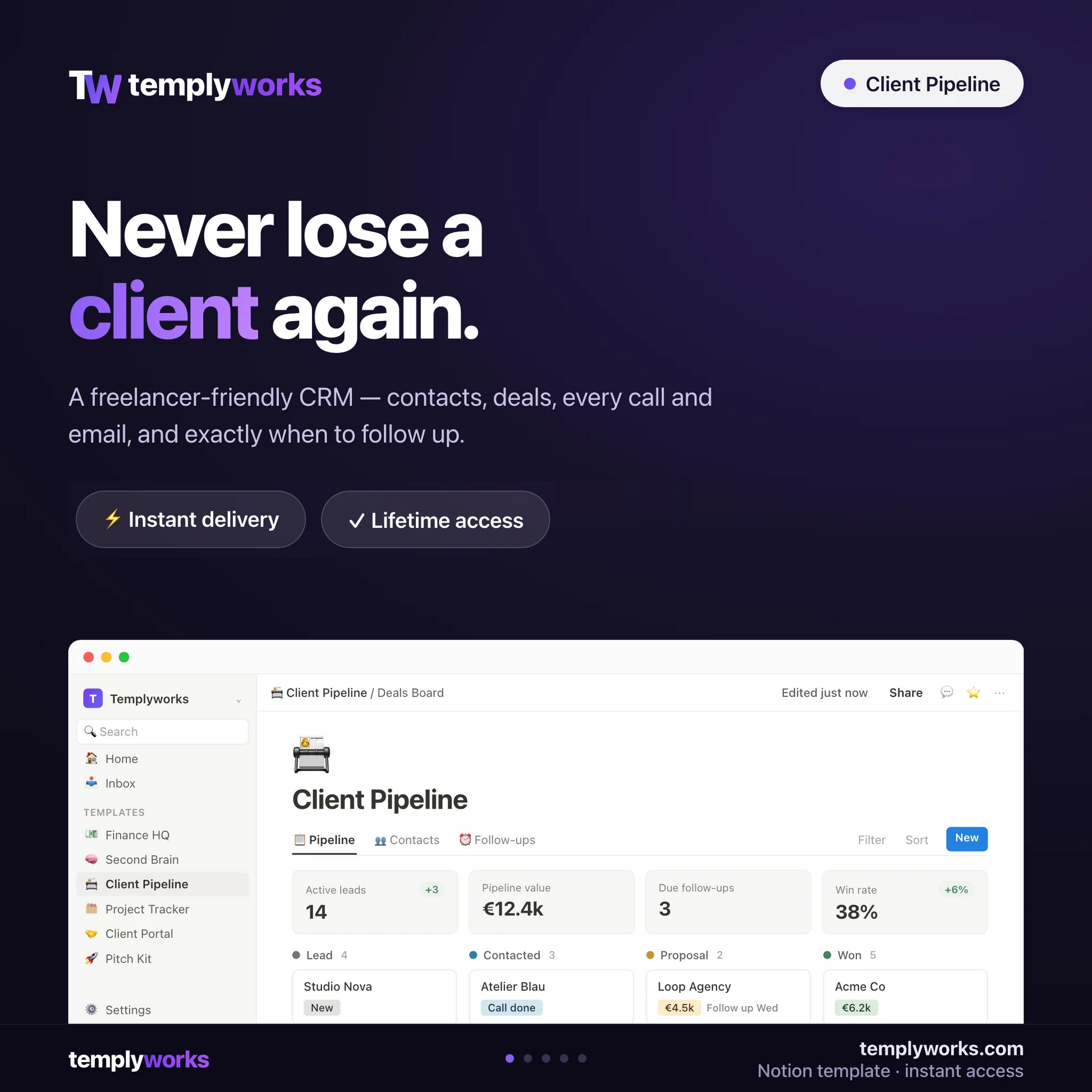 Client Pipeline — Notion CRM for freelancers shown in a real Notion workspace