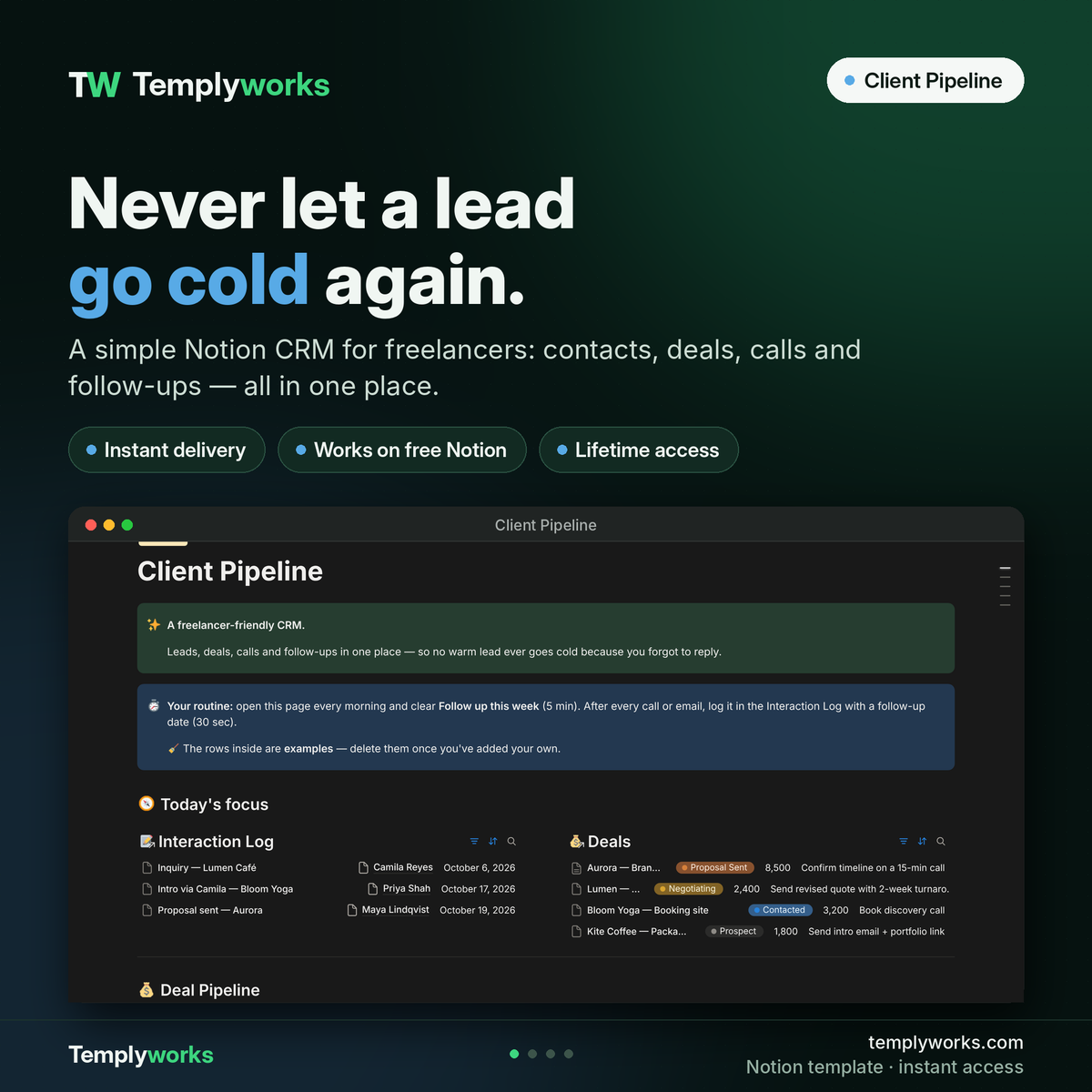 Client Pipeline Notion CRM template for freelancers