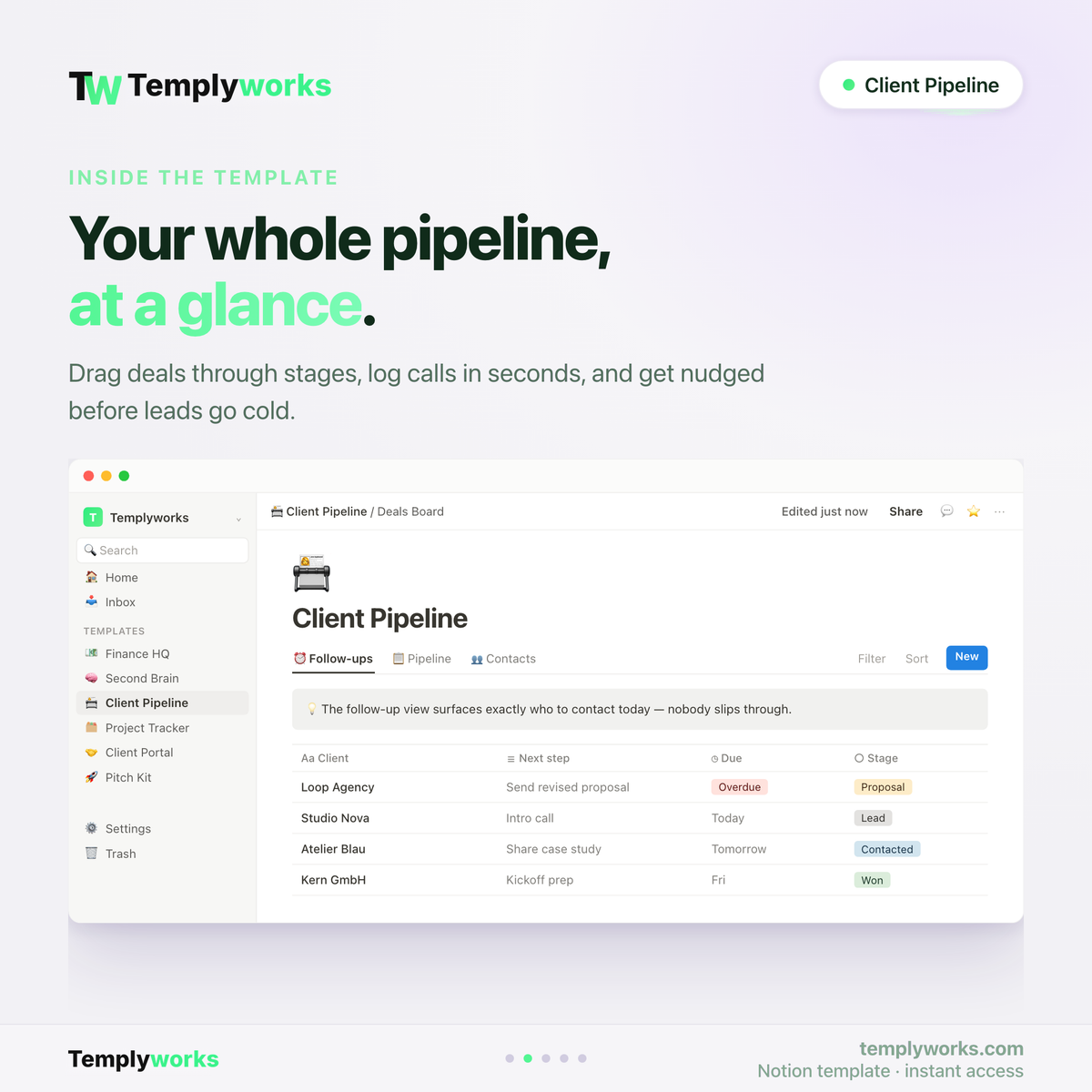 Inside Client Pipeline — follow-ups, pipeline and contacts as Notion databases