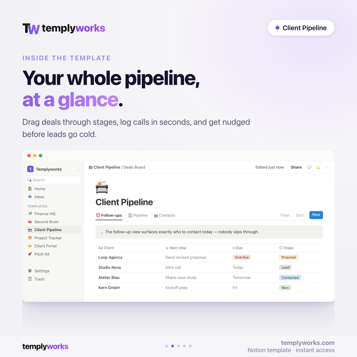 Inside Client Pipeline — follow-ups, pipeline and contacts as Notion databases