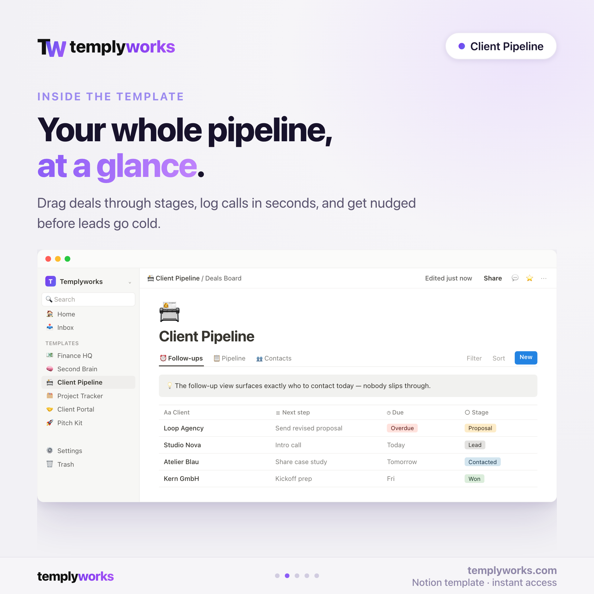 Inside Client Pipeline — follow-ups, pipeline and contacts as Notion databases