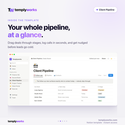 Inside Client Pipeline — follow-ups, pipeline and contacts as Notion databases