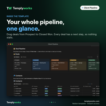 Inside Client Pipeline: deal pipeline board and contacts in Notion