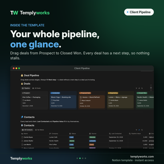 Inside Client Pipeline: deal pipeline board and contacts in Notion