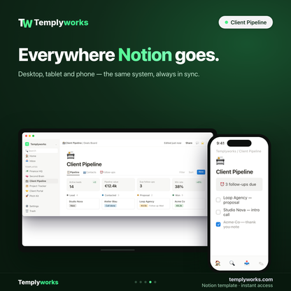 Client Pipeline Notion CRM on desktop and phone