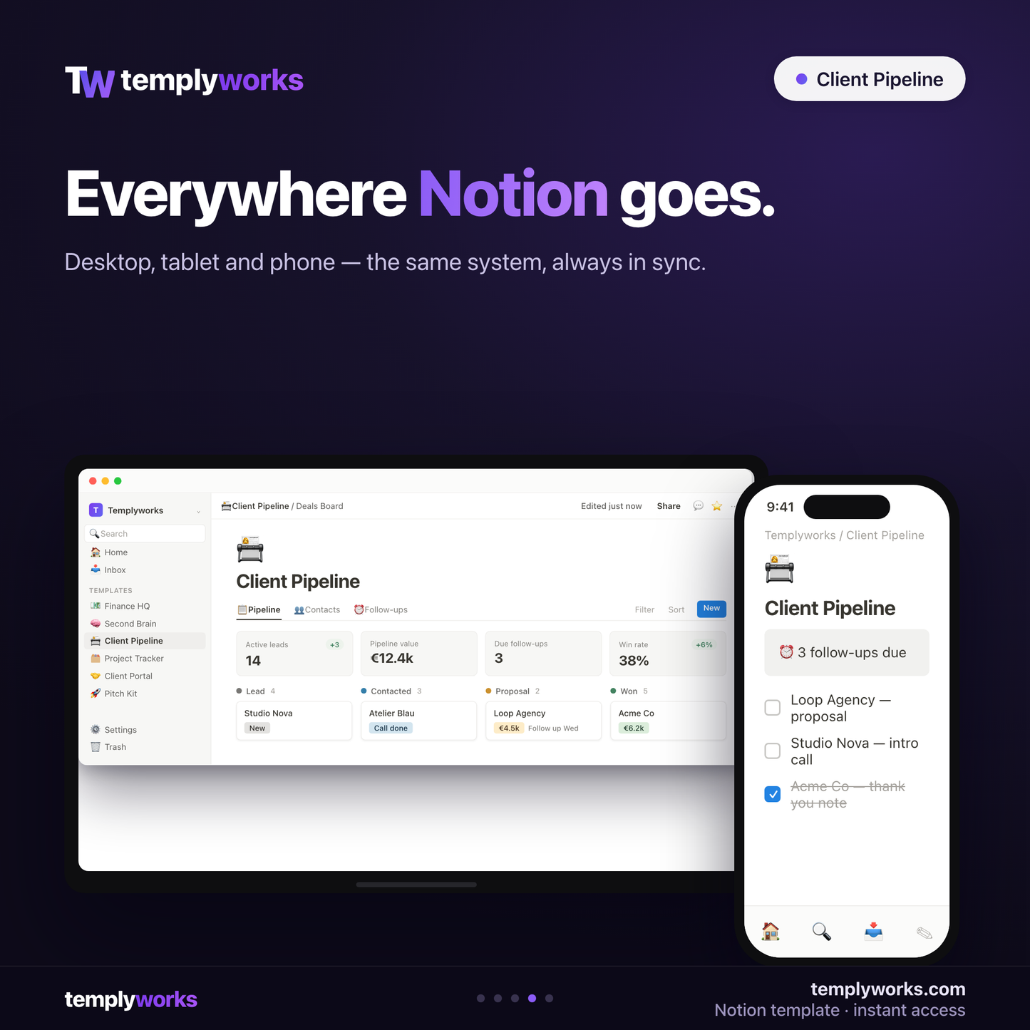 Client Pipeline Notion CRM on desktop and phone