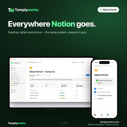 Client Portal Notion workspace on desktop and phone