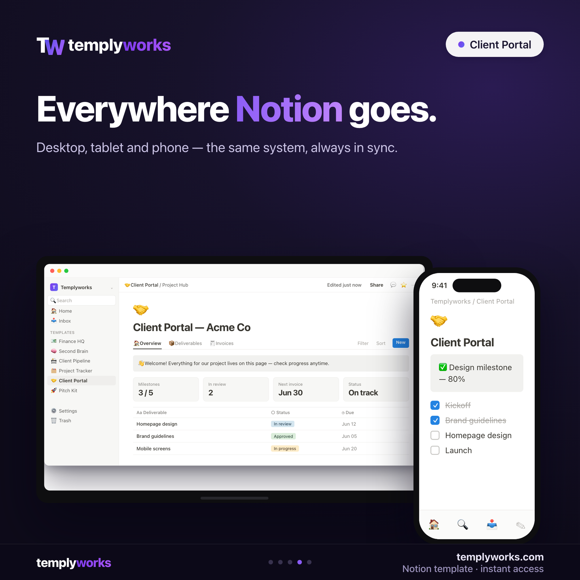 Client Portal Notion workspace on desktop and phone