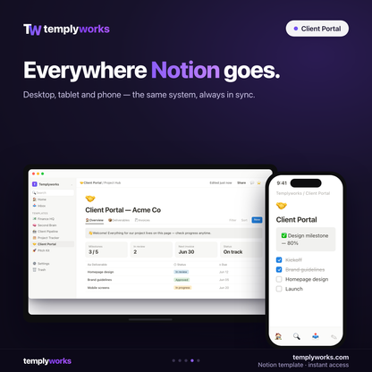 Client Portal Notion workspace on desktop and phone