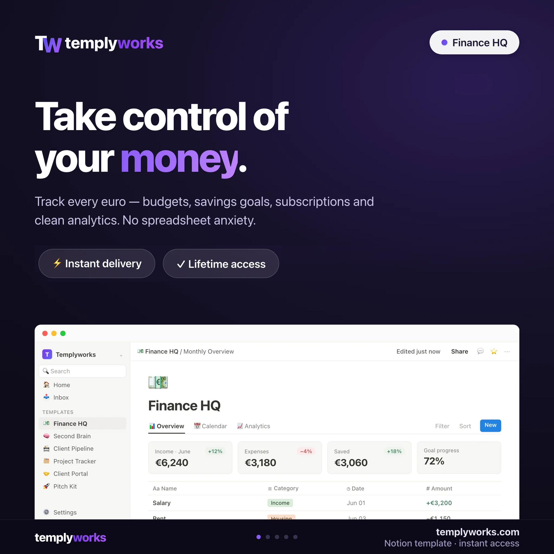 Finance HQ — Notion personal finance template shown in a real Notion workspace