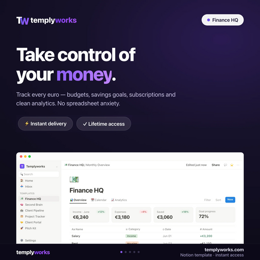 Finance HQ — Notion personal finance template shown in a real Notion workspace