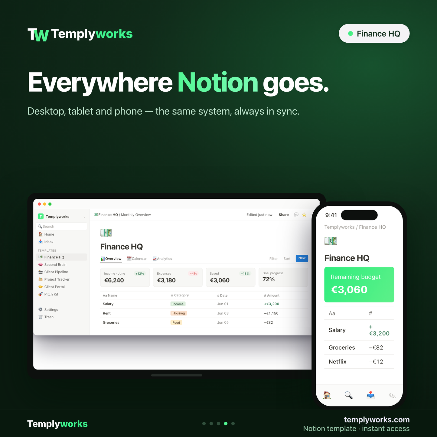Finance HQ Notion template on desktop and phone