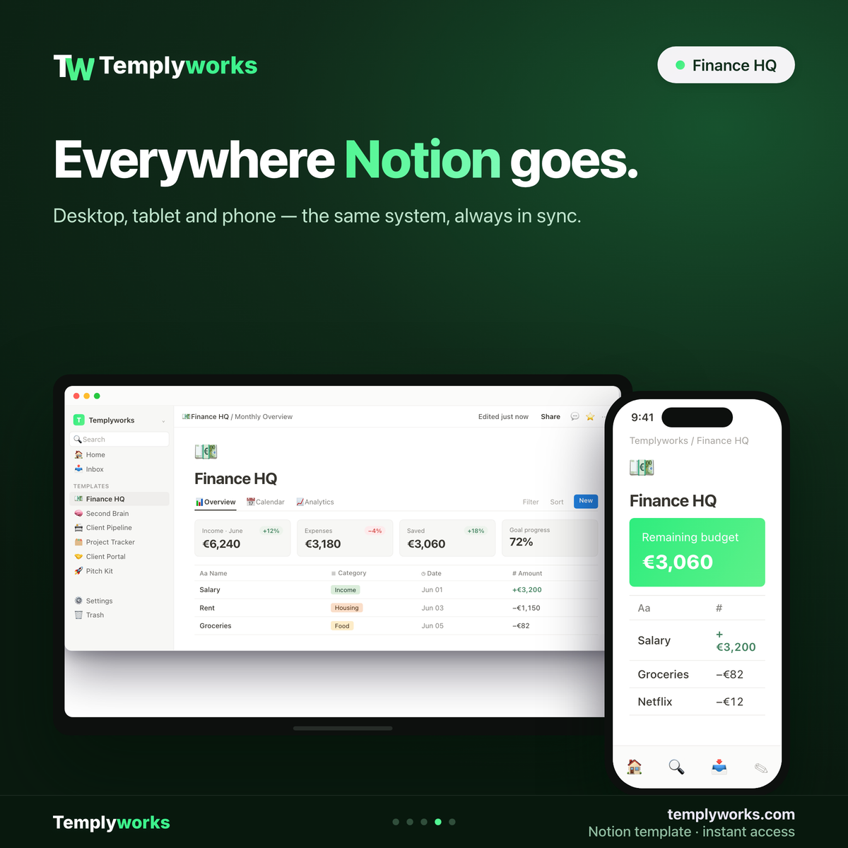 Finance HQ Notion template on desktop and phone