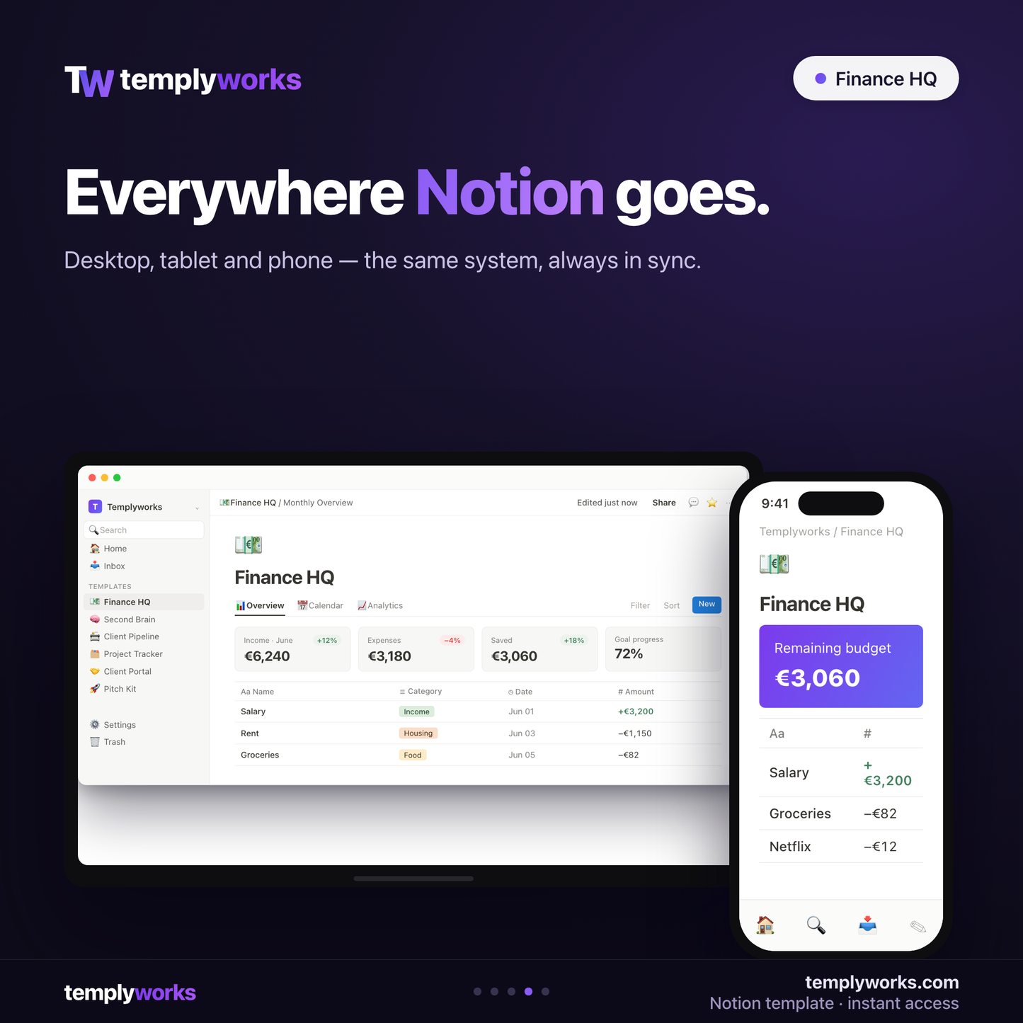 Finance HQ Notion template on desktop and phone