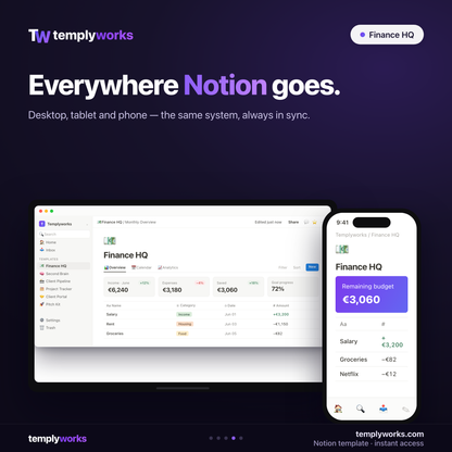 Finance HQ Notion template on desktop and phone