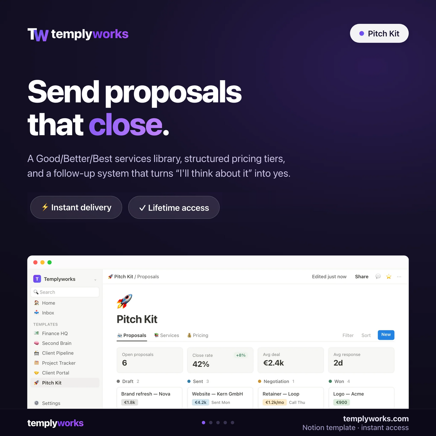 Pitch Kit — Notion proposals and services library shown in a real Notion workspace