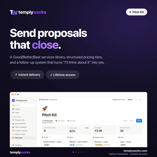 Pitch Kit — Notion proposals and services library shown in a real Notion workspace