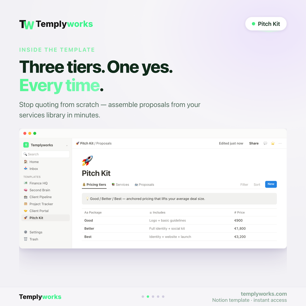 Inside Pitch Kit — pricing tiers, services library and proposals as Notion databases