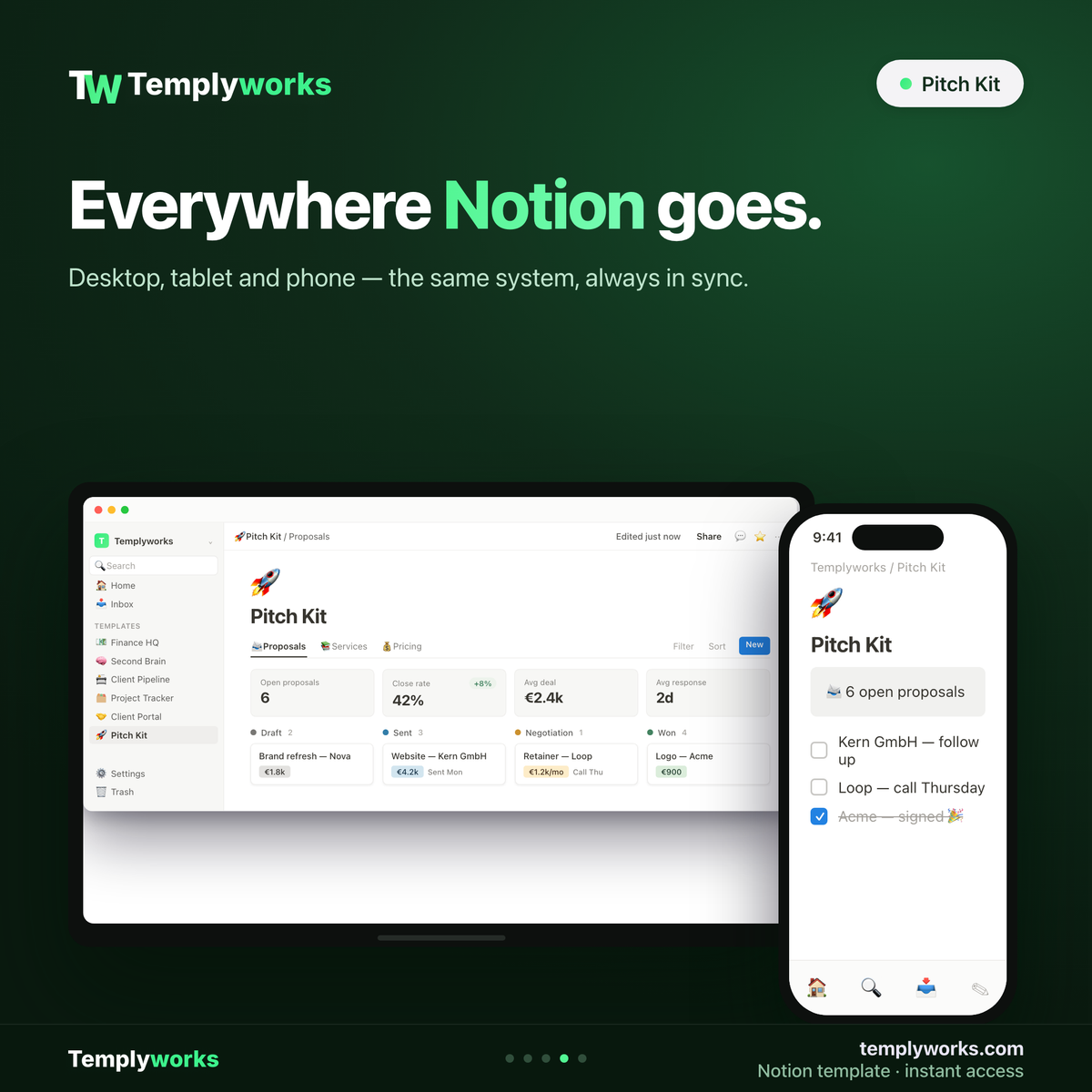 Pitch Kit Notion template on desktop and phone
