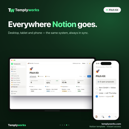 Pitch Kit Notion template on desktop and phone