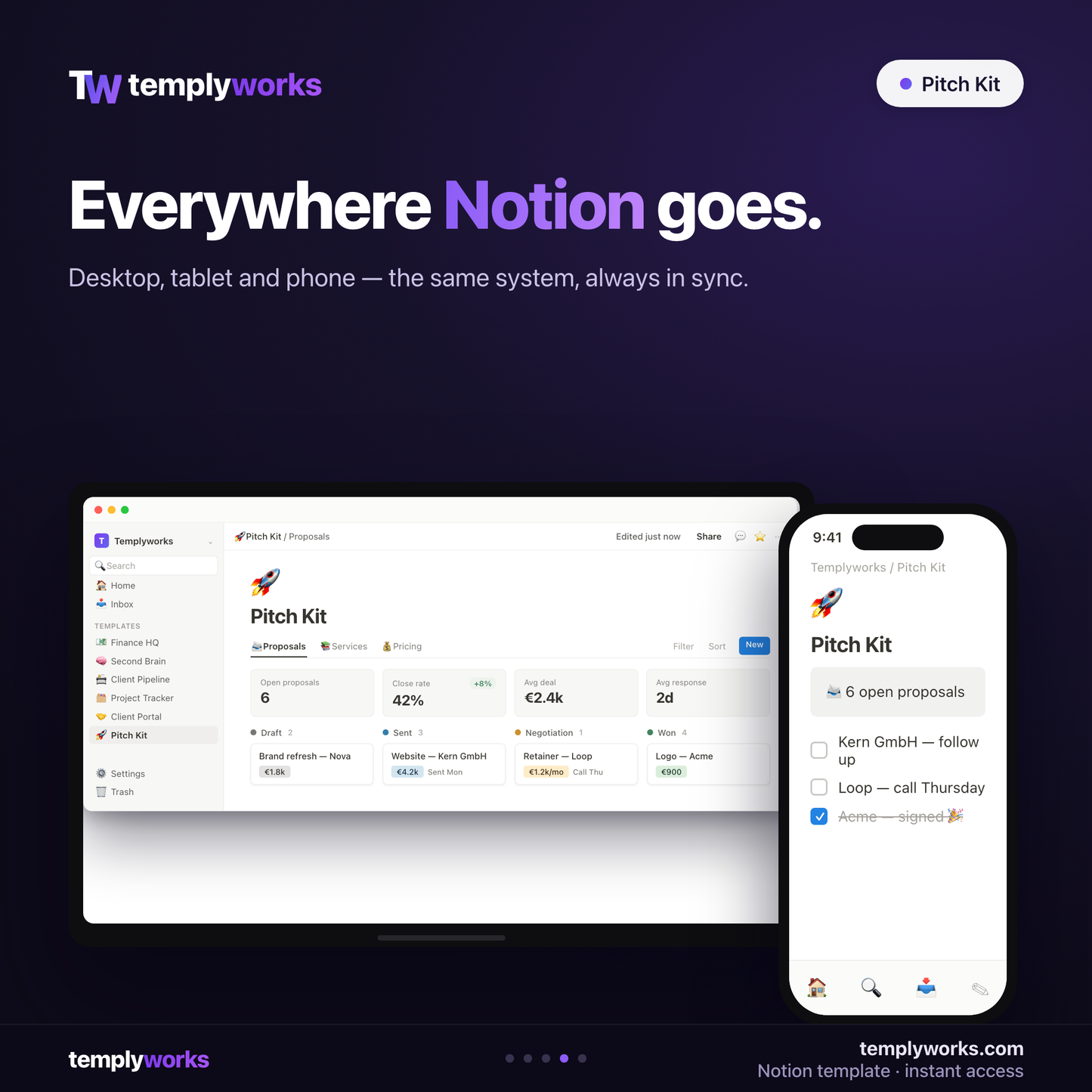Pitch Kit Notion template on desktop and phone