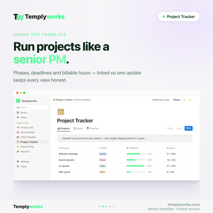 Inside Project Tracker — projects with progress, hours and phases as Notion databases