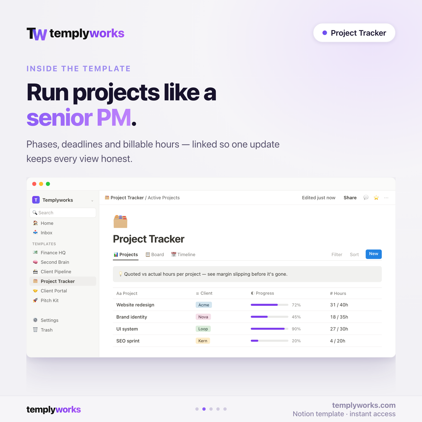 Inside Project Tracker — projects with progress, hours and phases as Notion databases