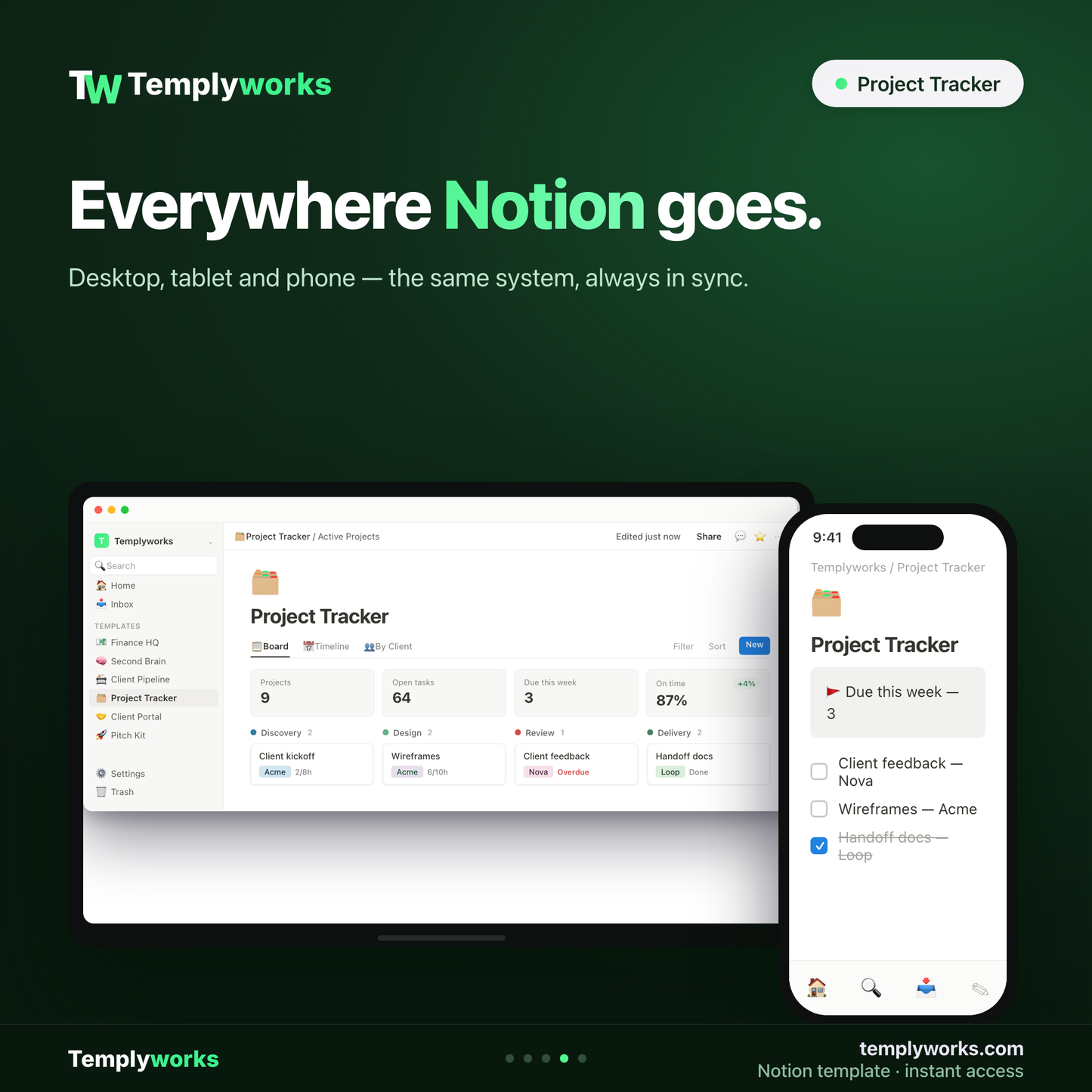 Project Tracker Notion template on desktop and phone