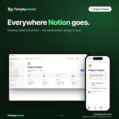 Project Tracker Notion template on desktop and phone