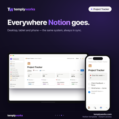 Project Tracker Notion template on desktop and phone