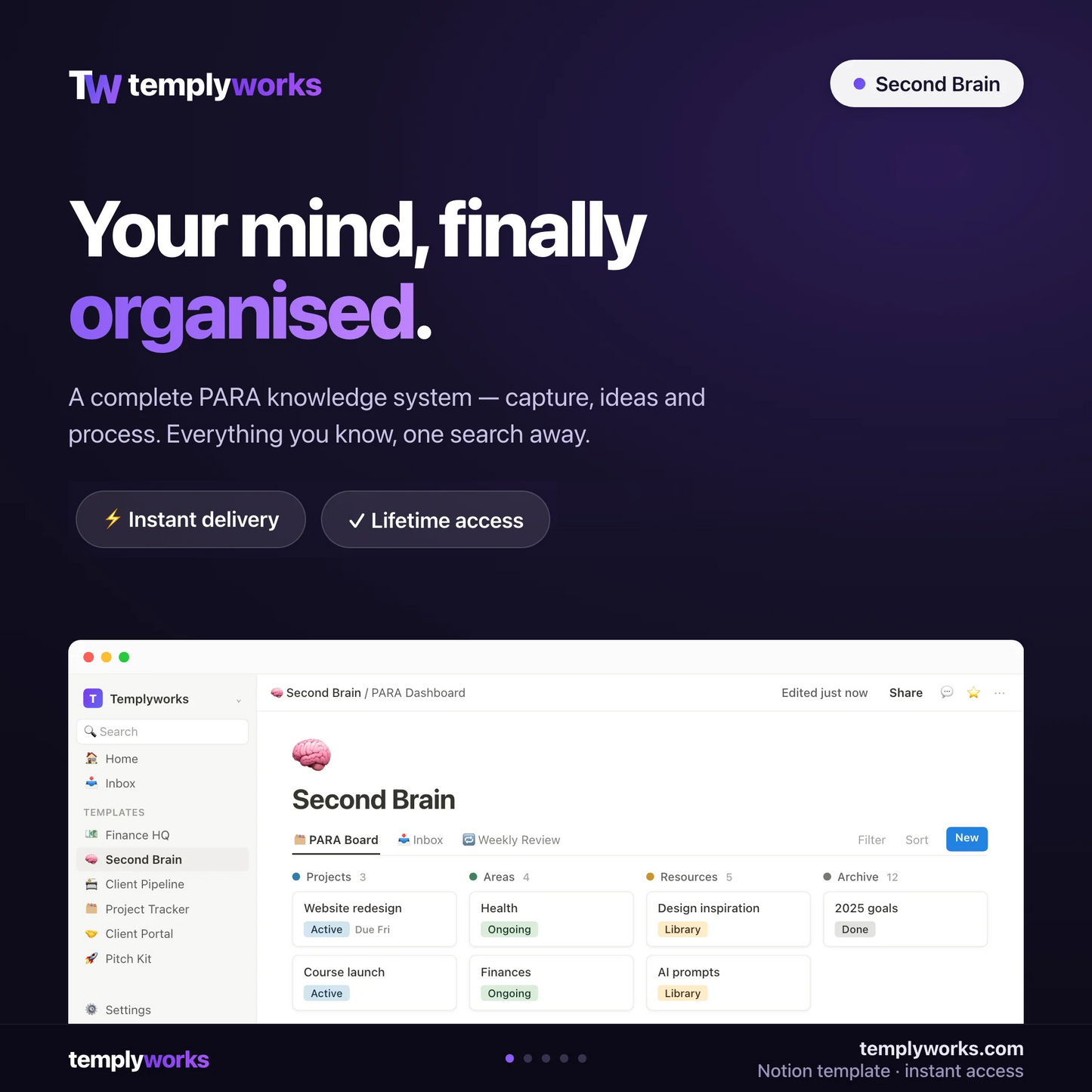 Second Brain — Notion PARA knowledge system shown in a real Notion workspace