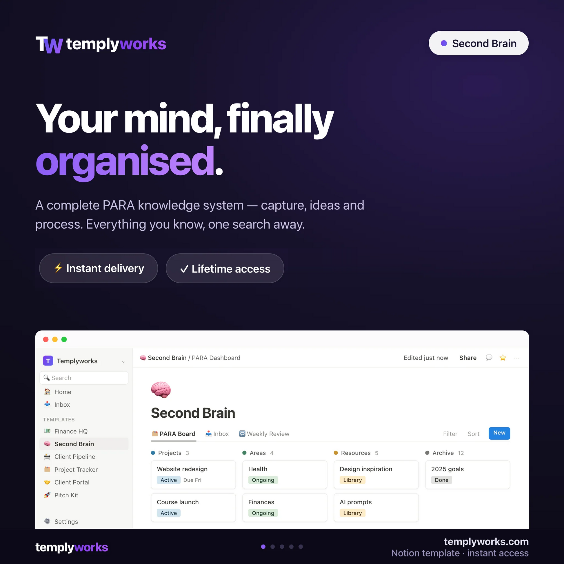 Second Brain — Notion PARA knowledge system shown in a real Notion workspace