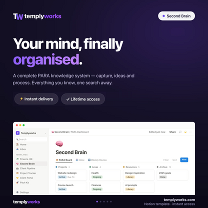 Second Brain — Notion PARA knowledge system shown in a real Notion workspace