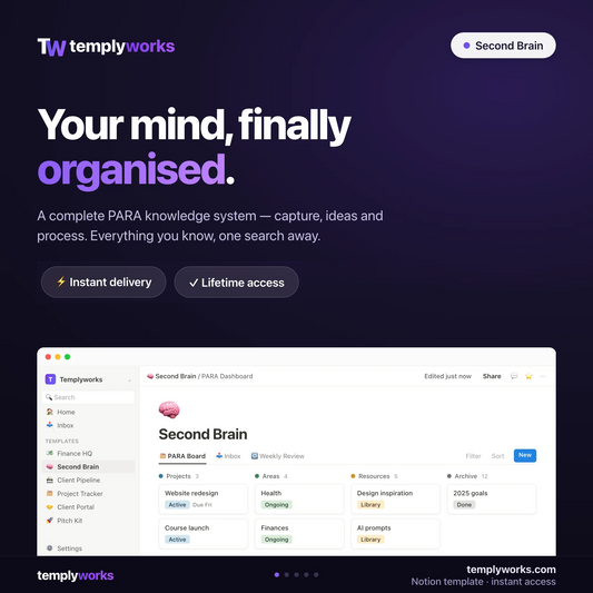Second Brain — Notion PARA knowledge system shown in a real Notion workspace