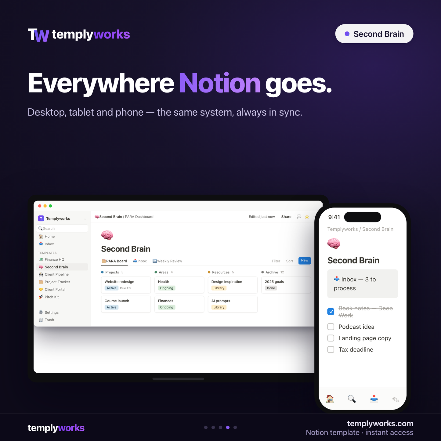 Second Brain Notion template on desktop and phone