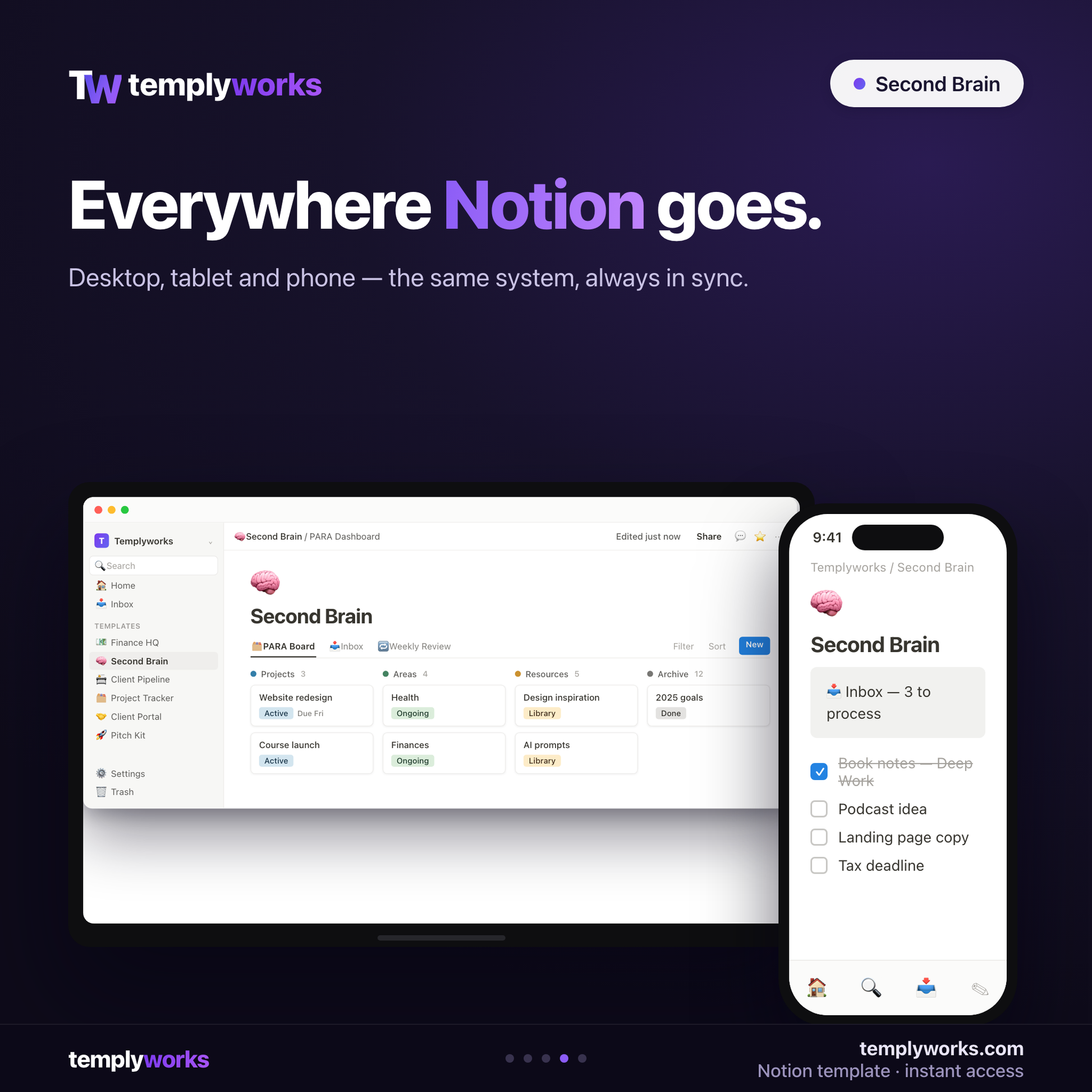 Second Brain Notion template on desktop and phone