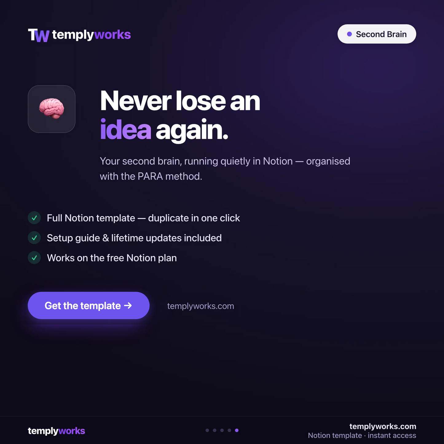 Second Brain — never lose an idea again — Notion template by Templyworks
