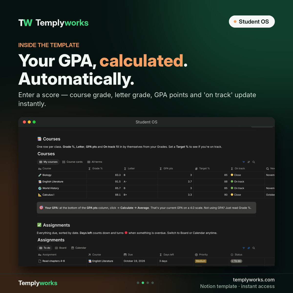 Inside Student OS: courses with GPA and assignments in Notion