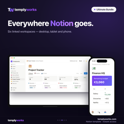 Ultimate Bundle Notion templates on desktop and phone